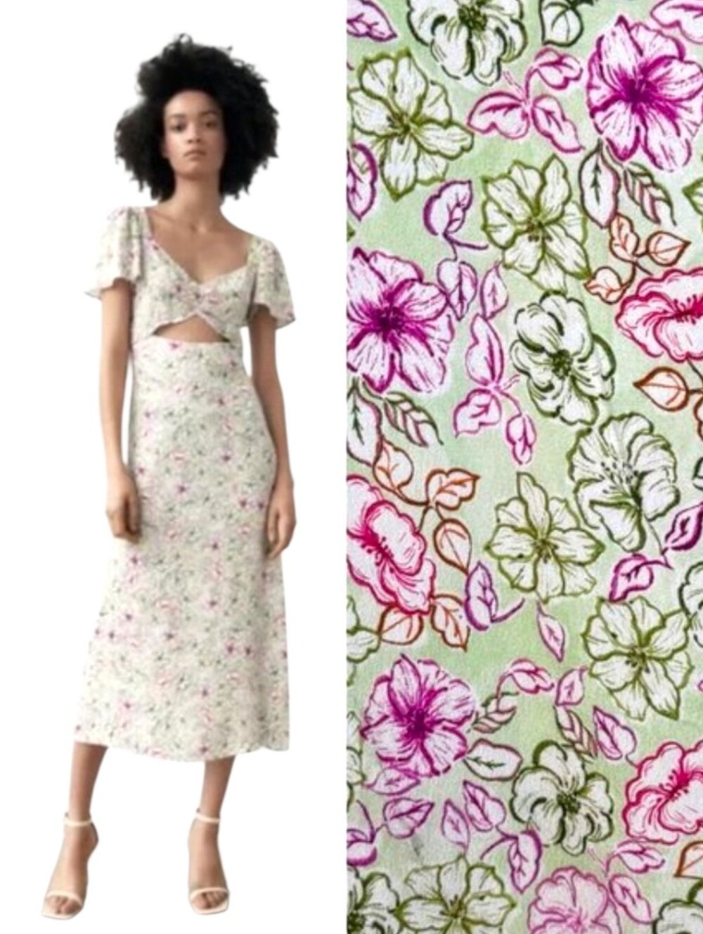 ZARA Green/Pink Floral Bodycon Puff Slvs Sweetheart Bodice Cutout Midi Dress XS